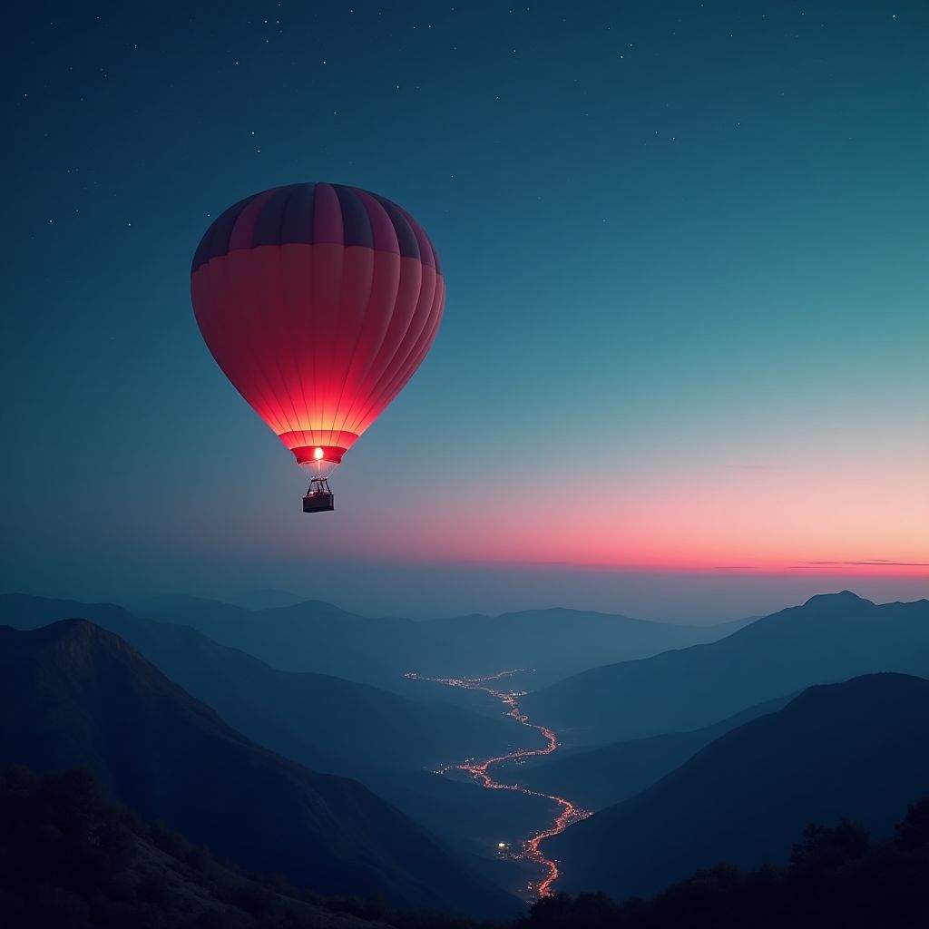 A hot-air balloon drifting over a mountain valley, deep space colours, teal and magenta glow, cinematic night light, crisp