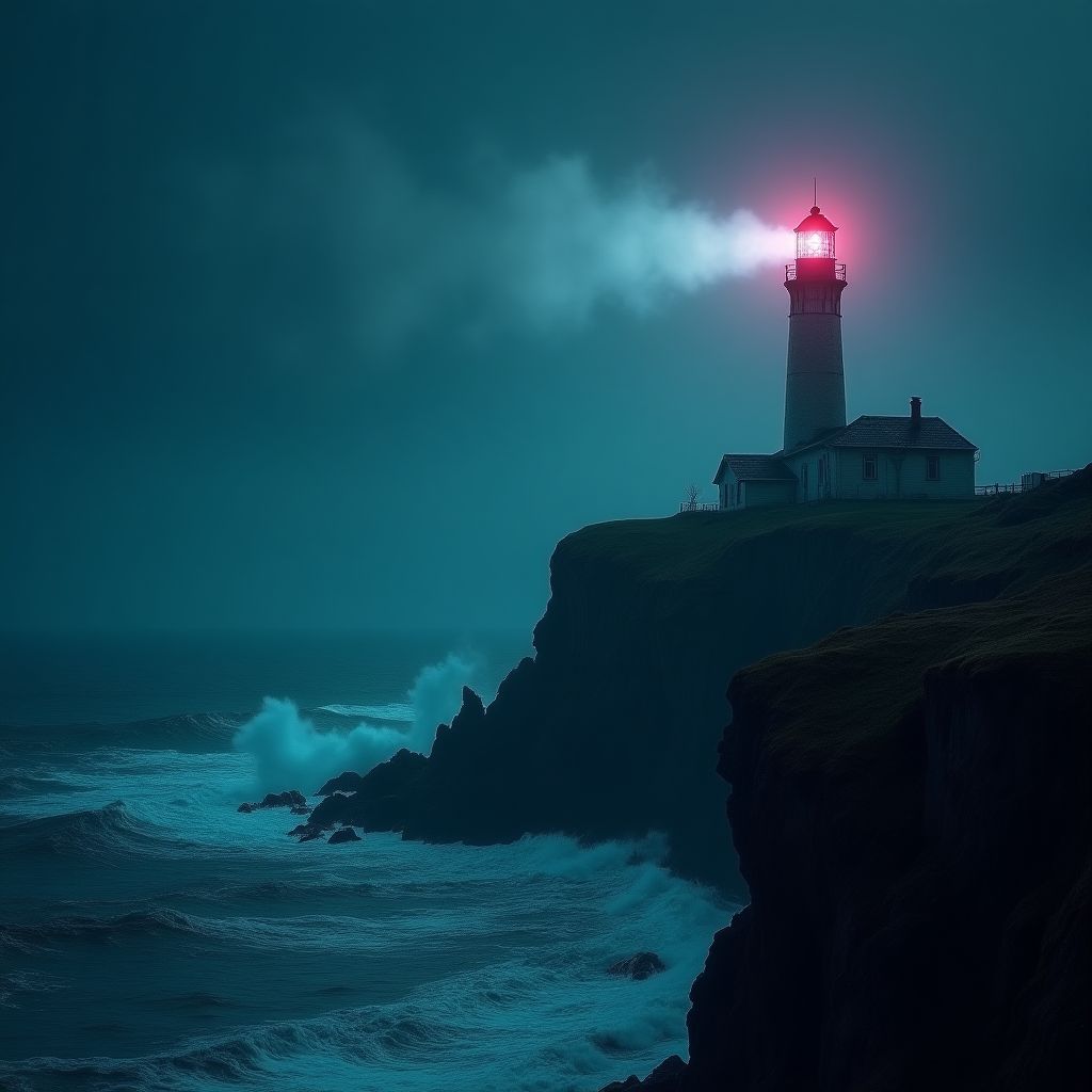 An old lighthouse on a cliff edge, waves breaking below, deep space colours, teal and magenta glow, cinematic night light, crisp