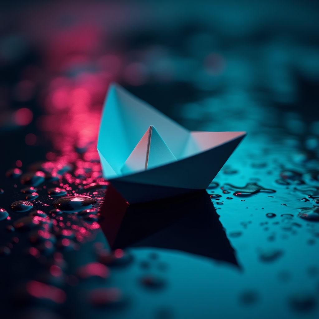 A paper boat floating in a rain puddle, close up, deep space colours, teal and magenta glow, cinematic night light, crisp