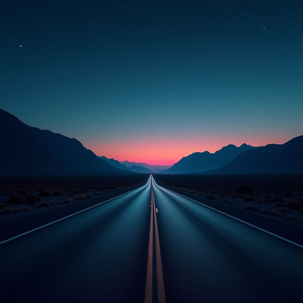 An empty desert highway at dawn, mountains on the horizon, deep space colours, teal and magenta glow, cinematic night light, crisp