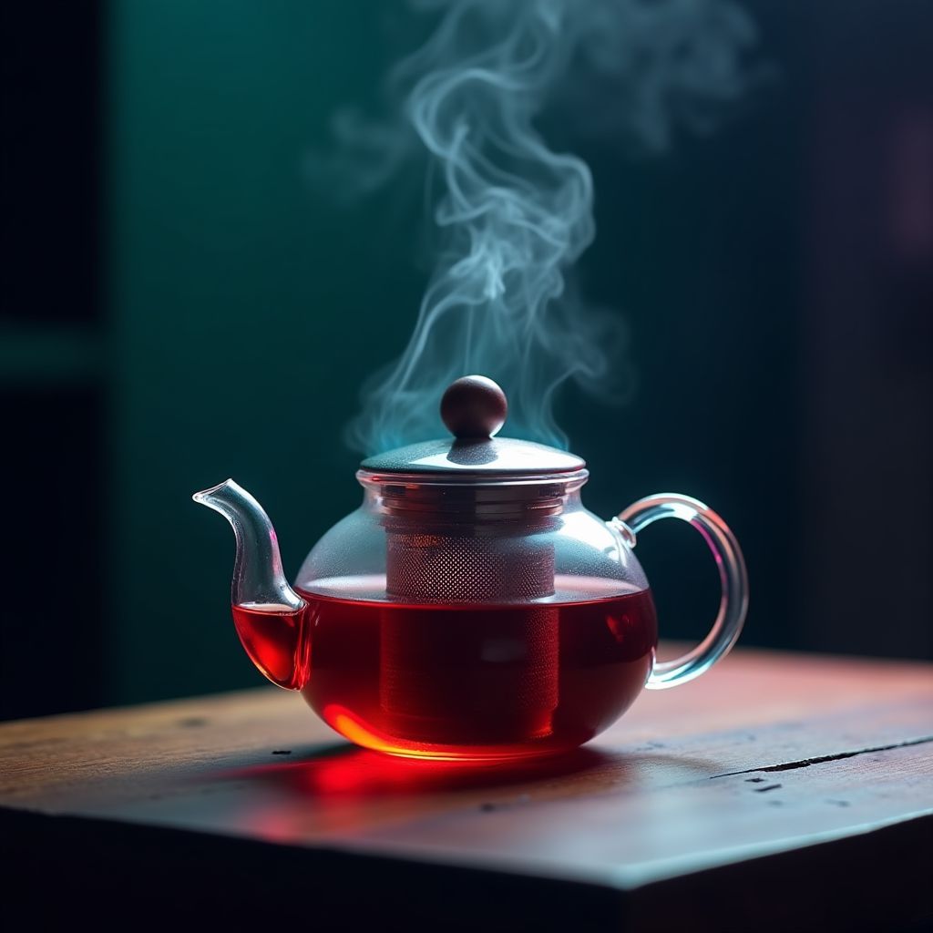 A glass teapot with steam rising, on a wooden table, deep space colours, teal and magenta glow, cinematic night light, crisp