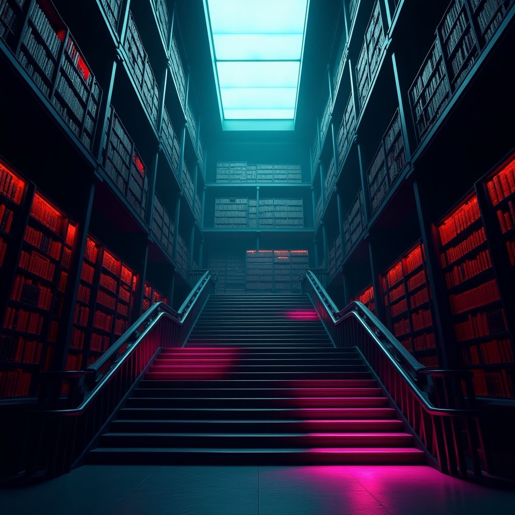 A grand library staircase with tall shelves and a skylight, deep space colours, teal and magenta glow, cinematic night light, crisp
