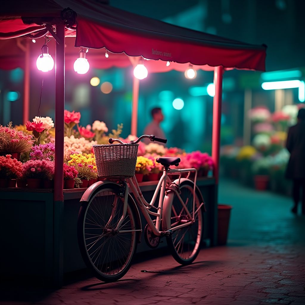 A vintage bicycle leaning on a stall at a flower market, deep space colours, teal and magenta glow, cinematic night light, crisp