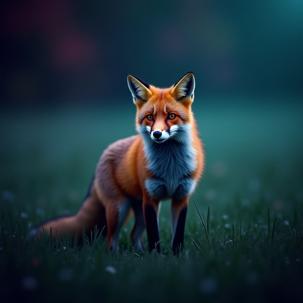 A red fox standing in tall grass, looking at the camera, deep space colours, teal and magenta glow, cinematic night light, crisp