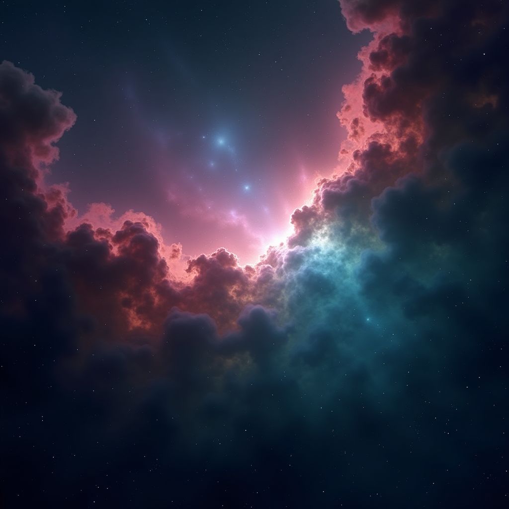 A vast glowing nebula in teal and magenta, scattered stars, deep space astrophotography